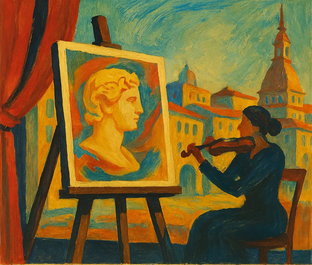 Scena artistica con elementi culturali italiani: statua, violinista, cavalletto, ambientazione torinese