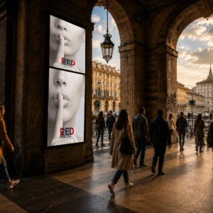 Spazio pubblicitario DOOH in Piazza Castello 99 a Torino sotto i portici, con vista su Palazzo Madama nel centro storico.