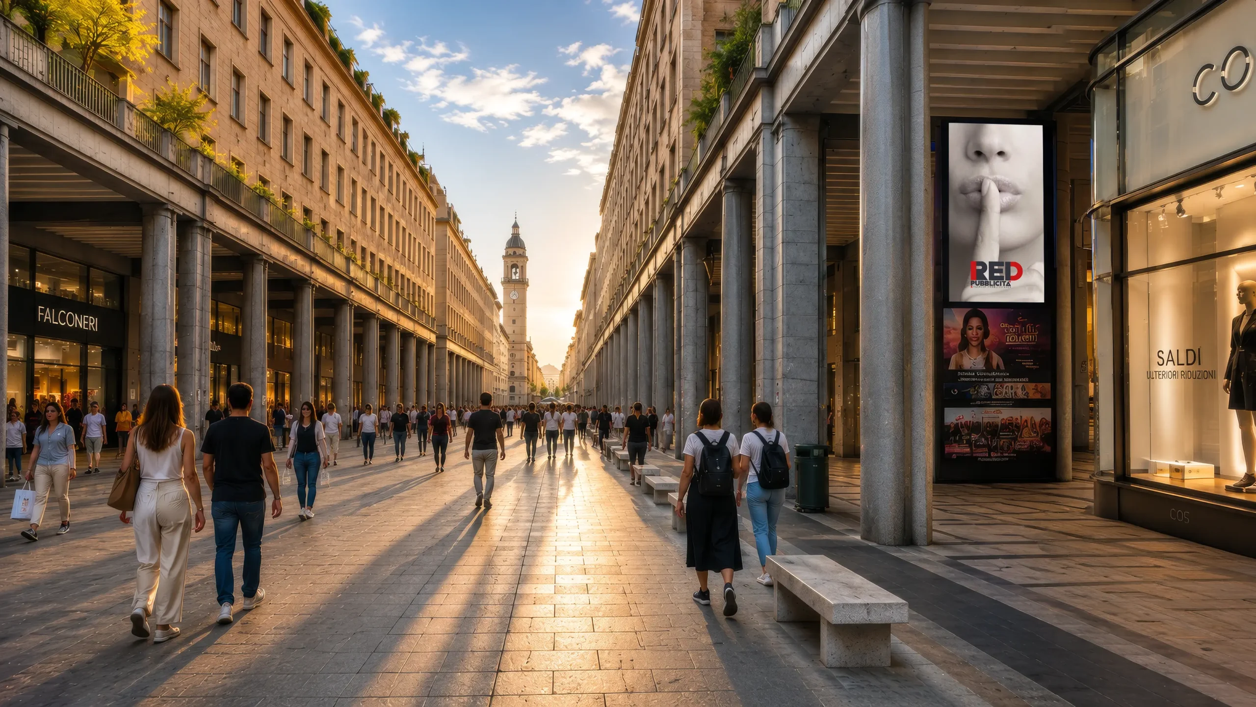 Impianto pubblicitario DOOH in Via Roma 325 a Torino, in direzione Piazza San Carlo, nel cuore del centro storico.