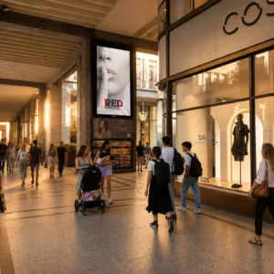 Ledwall pubblicitario in Via Roma 325 a Torino di fronte alla boutique COS, nel cuore dello shopping del centro storico.