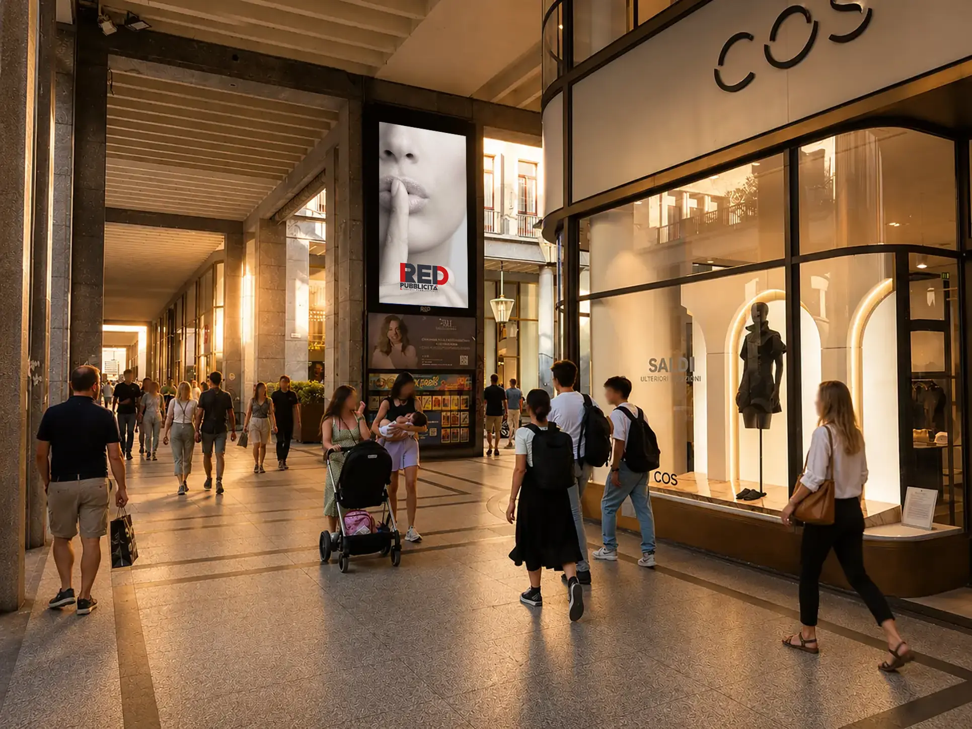 Ledwall pubblicitario in Via Roma 325 a Torino di fronte alla boutique COS, nel cuore dello shopping del centro storico.