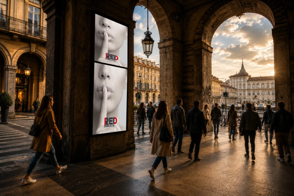 Piazza Castello a Torino in direzione di Palazzo Madama, sede degli impianti pubblicitari retroilluminati
