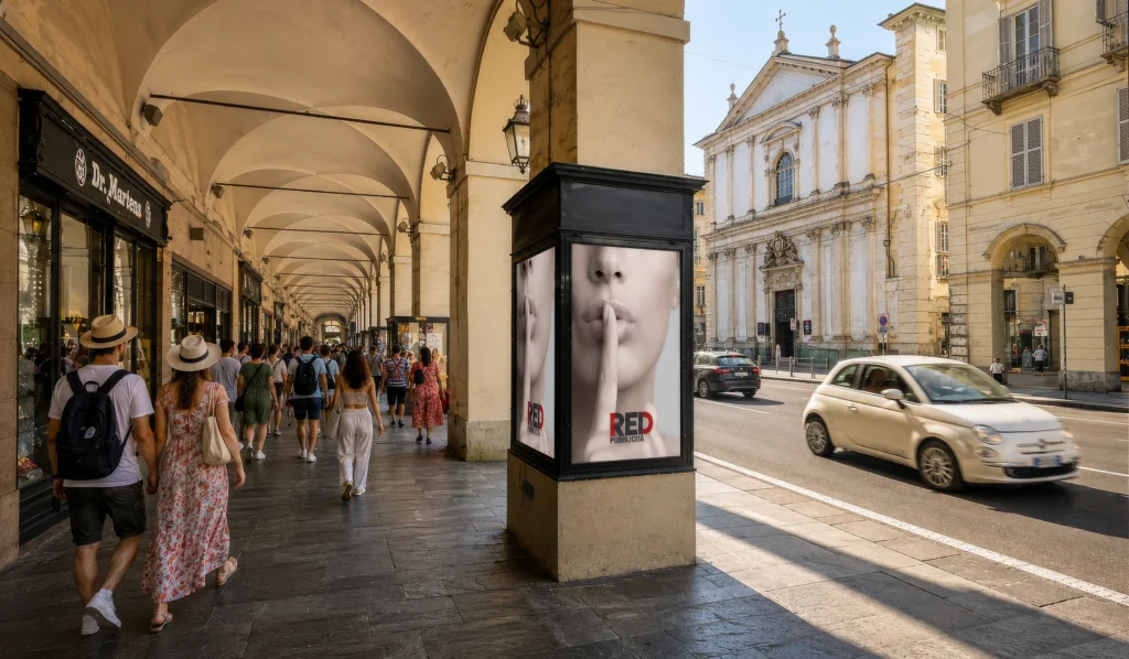 Poster luminoso pubblicitario sotto i portici di Via Po a Torino