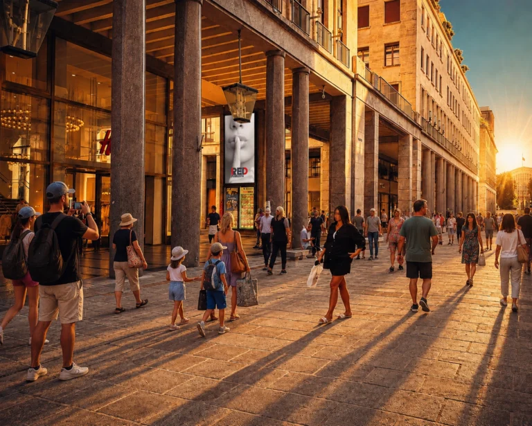 Poster prismatico illuminato in Via Roma 315 a Torino, sotto i portici in direzione Porta Nuova, nel cuore dello shopping del centro storico.