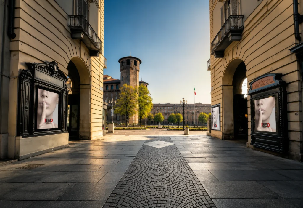 Spazi pubblicitari OOH nel centro storico di Torino con impianti retroilluminati tra Piazza Castello e Via Accademia delle Scienze.