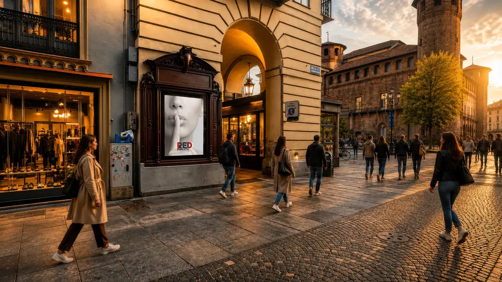 Schermo pubblicitario digitale nel centro storico di Torino, in piazza Castello angolo via Accademia delle Scienze