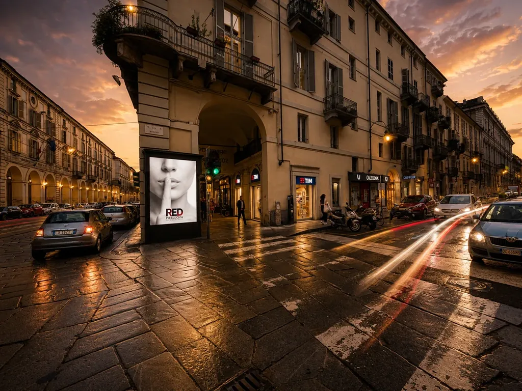 Vetrina pubblicitaria retroilluminata in via Bogino angolo via Po a Torino, accesa di sera