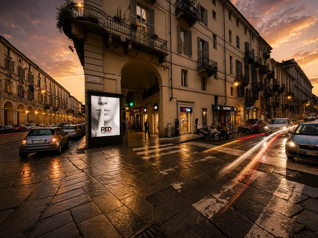 Vetrina pubblicitaria retroilluminata fra via Bogino e via Po a Torino, fuori dai portici e davanti al semaforo